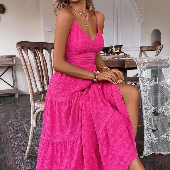 Pink Boho Ladies' Textured Long Slip Dress With Spaghetti Straps - Picture 2 of 6